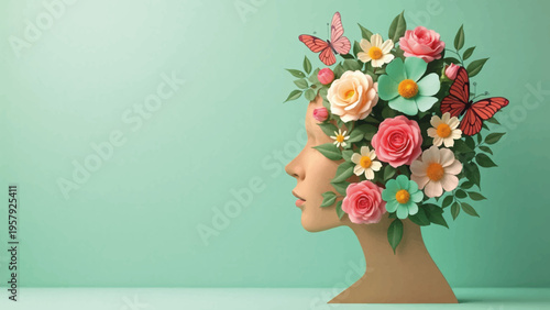 Vector illustration of woman's head with colorful flowers