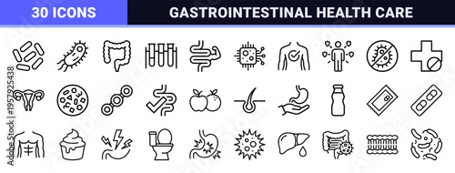 Digestive Health and Probiotics Microbiology Line Art: Minimalist Monoline Gastrointestinal Wellness and Supplementation Symbols.