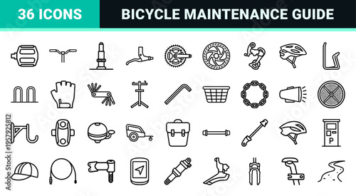 Urban Cycling Infrastructure and Bicycle Maintenance Geometric Line Art Set for Sustainable Transit and Professional Sporting Equipment Interfaces
