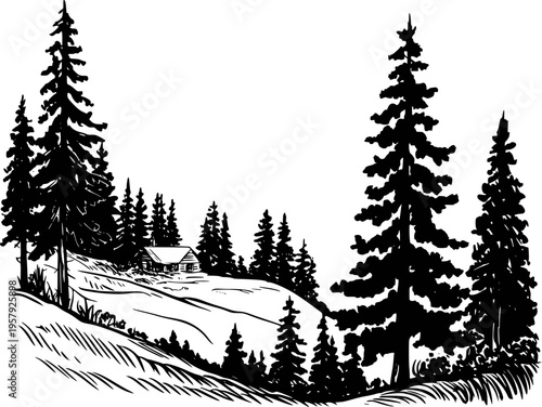 Black and white of a rustic log cabin nestled among pine trees a snowy hillside