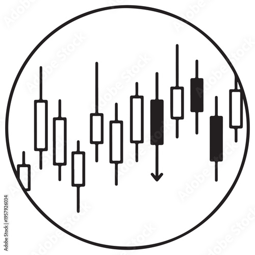 Minimalist Japanese candlestick chart icon representing stock market price fluctuations and financial data analysis for investment, forex, and cryptocurrency trading in a clean line art style.