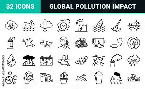 Pollution and Environmental Crisis Linear Icons: Minimalist Monoline Geometric Line Art for Ecological Impact and Industrial Waste.