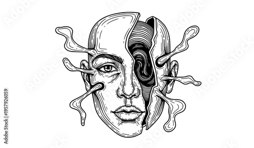 Face Opening into Void Surreal Identity Black and White Vector Illustration