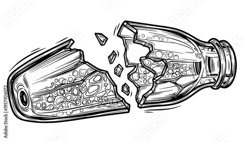 Broken Glass Bottle with Internal Pattern Black and White Vector Illustration