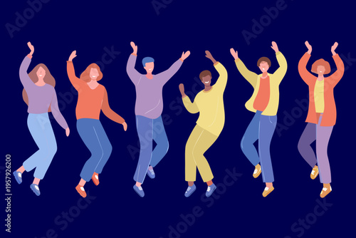 A diverse group of people joyfully jumping and celebrating together