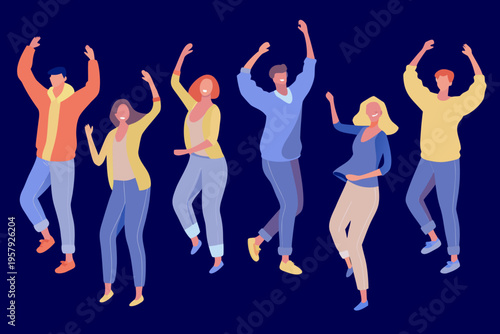 A group of diverse people joyfully celebrating and raising their arms
