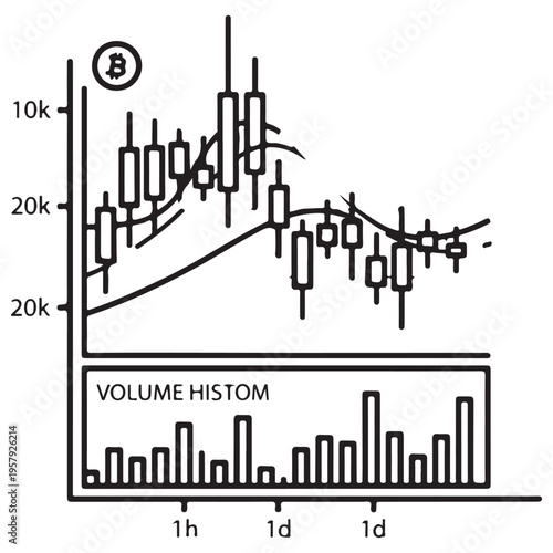 Minimalist Bitcoin cryptocurrency trading chart illustration showing candlestick price action and volume histogram for financial analysis and digital asset market tracking in a clean line art style.