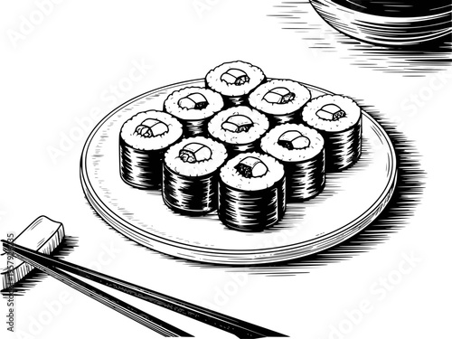 Black and white woodcut of a plate of maki sushi rolls with chopsticks and a soy sauce dish
