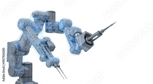 Robotic arm with syringe and needles on transparent background for medical technology transparent background