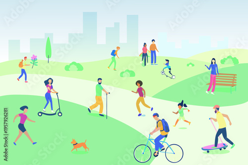 People enjoying various outdoor activities in a vibrant city park