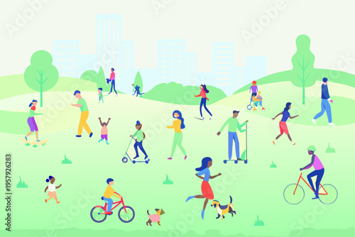 Colorful illustration depicting diverse people enjoying activities in a vibrant park