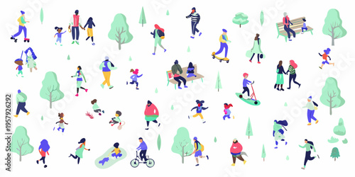 Diverse group of people enjoying outdoor activities in a park setting