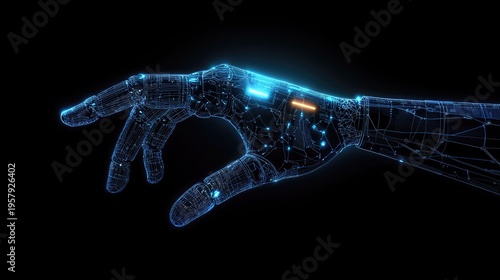 Digital wireframe representation of a human hand hovers with glowing circuitry against a dark background