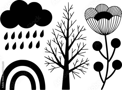 Black silhouette of a cloud with rain drops a bare tree and a stylized flower white background