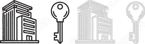 Black and white line buildings and keys