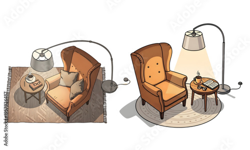 Cozy Reading Nook Illustration with Leather Wingback Chair, Warm Floor Lamp, and Minimalist Interior Decor Set