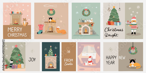 Festive christmas cards featuring cats fireplaces and holiday decorations