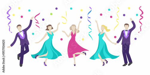 Celebratory group of people joyfully dancing with confetti and streamers