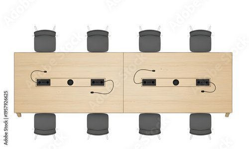 Top Down View Conference Table Illustration with Meeting Microphones, Office Chairs, and Wood Texture Desk