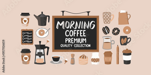 A collection of coffee related items arranged around a chalkboard sign