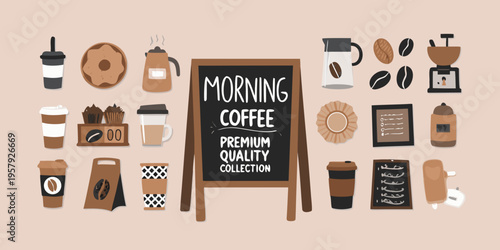 A charming illustration of coffee and bakery items with a morning message