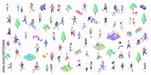 Isometric illustration depicting diverse people enjoying outdoor activities in a park
