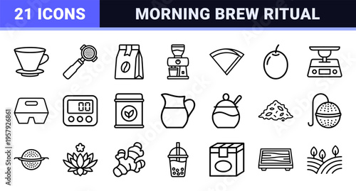 Artisan Coffee and Tea Beverage Culture Outline Symbols Featuring Minimalist Geometric Line Art for Modern Cafe Branding Design