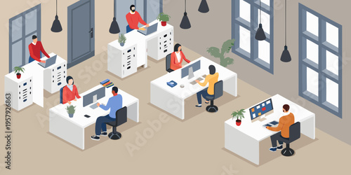Isometric illustration of people working in a modern open plan office space