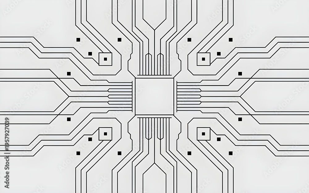 Obraz premium A black and white image of a microchip circuit board design with lines and dots