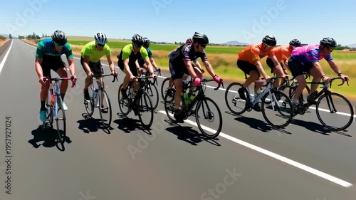 A group of cyclists in colorful jerseys racing on a sunny day