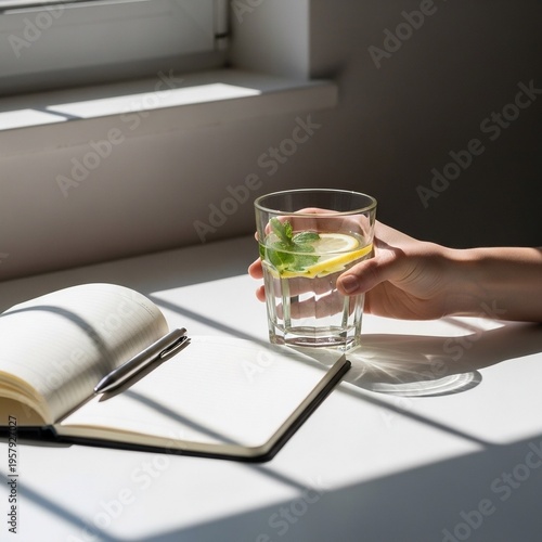 Morning Routine Workspace with Hand Holding Lemon Water in Natural Sunlight Healthy Lifestyle Concept