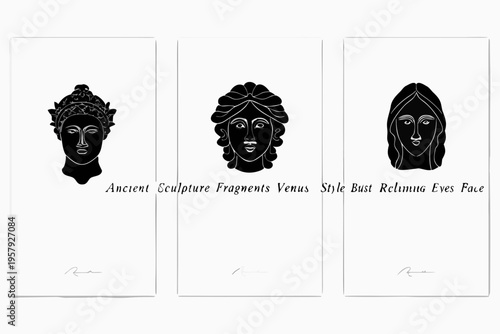 Three black silhouettes of ancient style female head sculptures