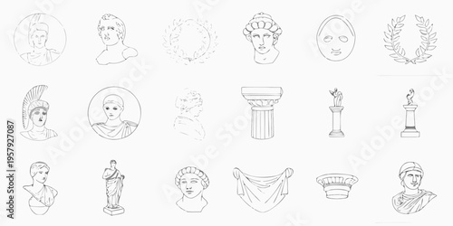 Collection of antique greek and roman busts wreaths and architectural elements