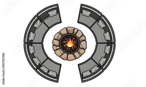 Top Down View Outdoor Fire Pit Illustration with Stone Fireplace and Circular Curved Sectional Sofa Seating