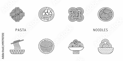 Minimalist line art icons depicting various types of pasta and noodles