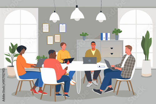 Diverse group of professionals collaborating in a modern office meeting space