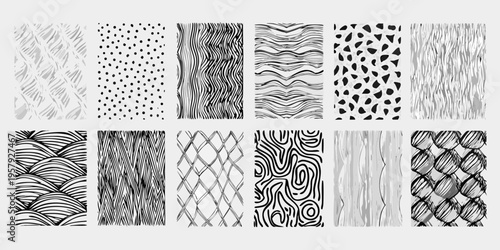 Fotografie Set of diverse black and white hand drawn abstract textured patterns