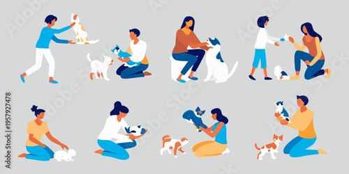 Diverse people interacting with cats in a colorful illustrated style