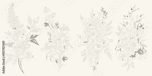 Delicate floral arrangements in a muted grayscale botanical illustration