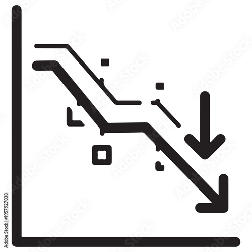 Minimalist black line icon of a downward trending business graph showing a sharp decline and financial loss, representing stock market crash, economic recession, or negative growth.