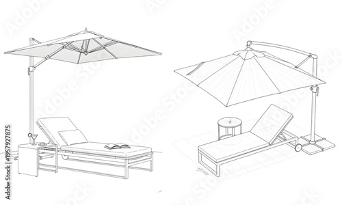 Modern Patio Lounge Chair Illustration with Cantilever Umbrella, Sunbed Wireframe, and Minimalist Outdoor Furniture Design