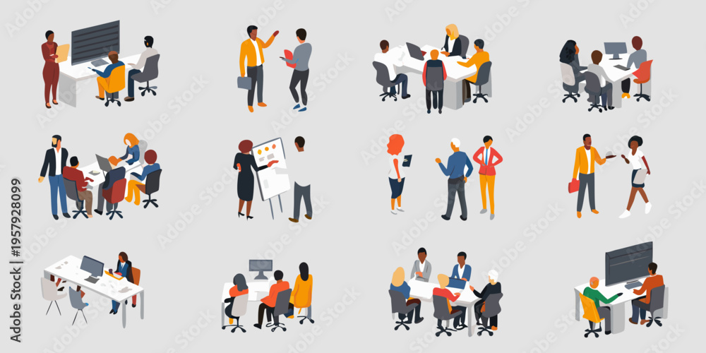 Fototapeta premium Diverse group of people collaborating in various modern office settings