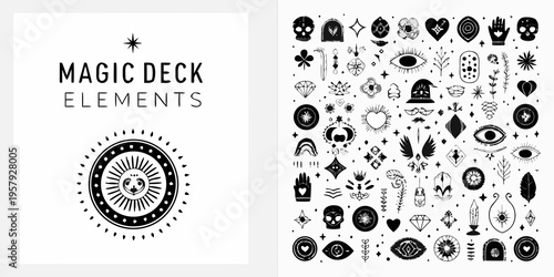 Magic deck elements mystical symbols skulls and celestial designs