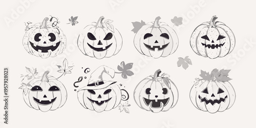 Hand drawn halloween pumpkins with carved faces and autumn foliage sketch