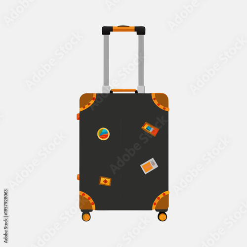 A black suitcase with orange accents and travel stickers is displayed