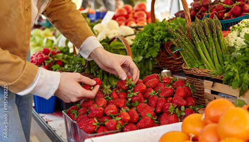 Hands selecting fresh strawberries at colorful spring farmers market with seasonal produce