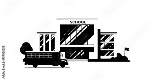Modern school building with yellow school bus flat vector illustration for education concept and learning design