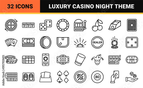 Luxury Casino and Poker Tournament Minimalist Geometric Line Art Icons for High-Stakes Gambling Apps and Professional Betting Interfaces