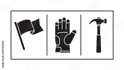 Black and white icons of flag, glove, and hammer in minimalist line art for construction or business branding