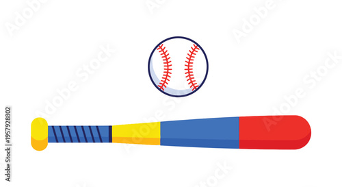 Cartoon illustration of a baseball and wooden bat on a white background